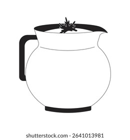Buttermilk pitcher with cilantro garnish 2D line object. Yogurt drink in clay jug. Indian lassi topped with herb. Beverage vessel isolated clipart vector ink outline item. Monochrome spot illustration