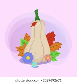 Butternut squash with autumn leaves and flowers vector illustration. Cartoon drawings for poster or banner design. Nature, vegetables, autumn or fall, harvest, Thanksgiving day concept