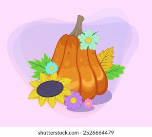 Butternut squash with autumn leaves, sunflower and flowers vector illustration. Cartoon drawings for poster or banner design. Nature, vegetables, autumn or fall, harvest, Thanksgiving day concept