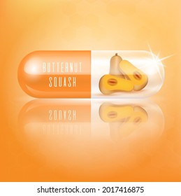Butternut Squash in capsule vitamin orange. Medical concepts and health supplements. Realistic 3D Vector illustration.