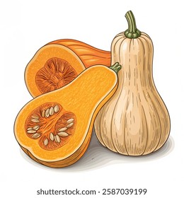 butternut squash isolated on a  white background. Vector illustration.