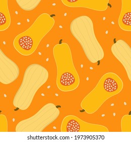 Butternut squash pumpkin seamless pattern vector. Vegetable healthy food background. Fresh organic fruit wallpaper.