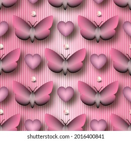 Butterrflies and love hearts 3d seamless pattern. Vector striped background. Repeat romantic pink backdrop. Surface butterfly. Luxury textured ornaments. 3d pearls. For cards, wallpapers, prints.