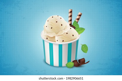 Butterscotch ice cream tub with full of ice cream scoops and mint leaves on blue background vector illustration