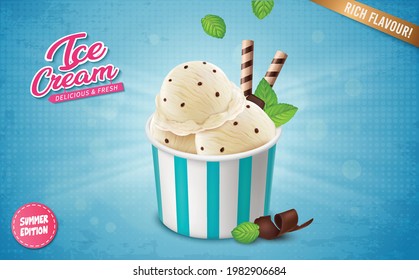 Butterscotch ice cream tub with full of ice cream scoops and mint leaves on blue background vector illustration