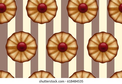 Buttery cookies with red jam on striped brown and beige, like a cocoa and vanilla color seamless background.