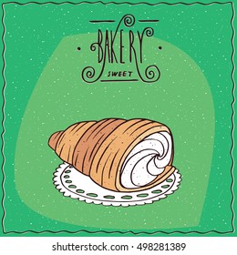 Buttery, flaky viennoiserie bread roll, known as torpedo dessert, lie on a lacy napkin. Green background and lettering Bakery. Handmade cartoon style. Vector illustration