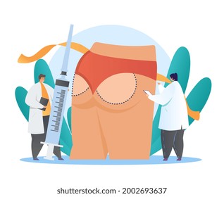 Buttock plastic surgery concept. Two surgeons prepare the patient for the procedure of buttock augmentation. The contours of the manipulation. Cartoon flat vector illustration on a white background