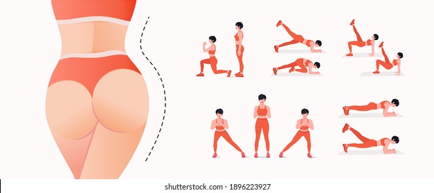 Buttocks fat burning workout Set. Women doing fitness and yoga exercises.