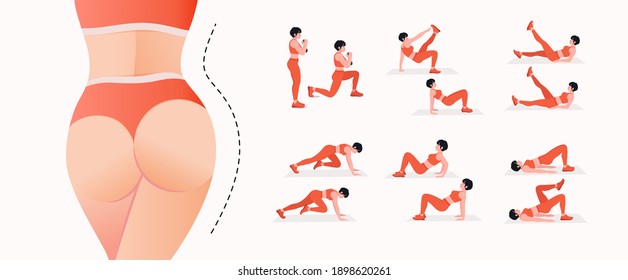 Buttocks fat burning workout Set. Women doing fitness and yoga exercises. 