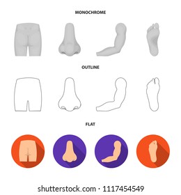 Buttocks, nose, arm, foot. Part of the body set collection icons in flat,outline,monochrome style vector symbol stock illustration web.