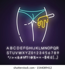 Buttocks waxing neon light icon. Female butt hair removal procedure. Depilation with natural soft hot wax. Glowing sign with alphabet, numbers and symbols. Vector isolated illustration