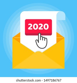 The button 2020 with hand glove with finger cursor pointer sign icon push. Flat style design invitation to the xmas or new year party postcard vector illustration isolated light blue background
