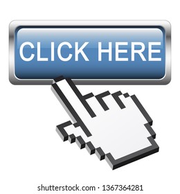 Button with 3D pixel graphic hand " Click here "