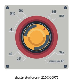 Button for adjusting, control panel with indicators and measurement pointers. Industrial or factory equipment and instrument for working. Controller and mixer switchers. Vector in flat style