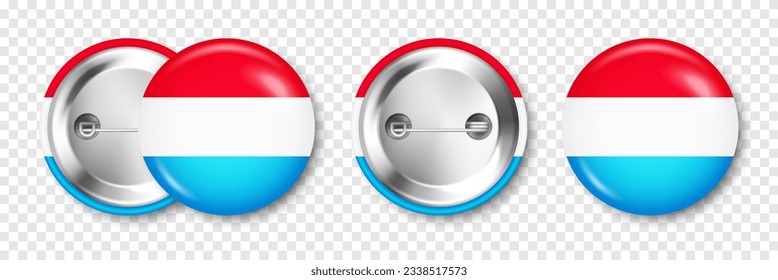 Button badge with Luxembourgish flag. Souvenir from Luxembourg. Glossy pin badge with shiny metal clasp. Product mockup for advertising and promotion. Vector illustration