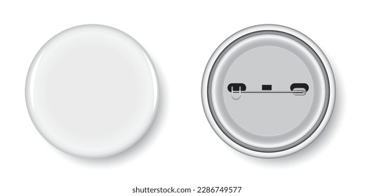 Button Badge plain vector illustration, Name badges isolated, button badge front and back view, round badge for mockup design, blank Pin badge promotional and gift items