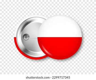 Bandera de botón con bandera polaca. Un recuerdo de Polonia. Insignia brillante de alfiler con un brillante agarre de metal. Modelación de productos para publicidad y promoción. Ilustración del vector