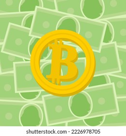 Button, banner, poster, sticker with dollar banknote and bitcoin coin