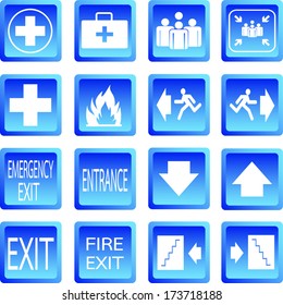 Button blue safety sign. Vector emergency exit signs set on green background