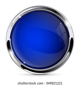 Button. Blue shiny glass round button with metal frame. Vector isolated on white.