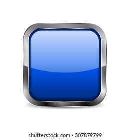 Button. Blue shiny glass  square web element with metal frame. Vector