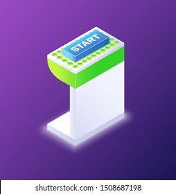 Button or business platform startup with light on purple, element of decoration, modern equipment, 3d device, isometric smart technology, idea for project vector