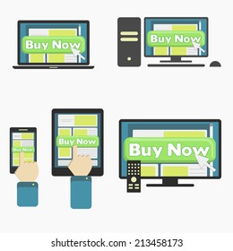 Button "Buy Now" in different media device: smartphone, tablet, pc, laptop, smart tv. Different ways to buy online. Buy online