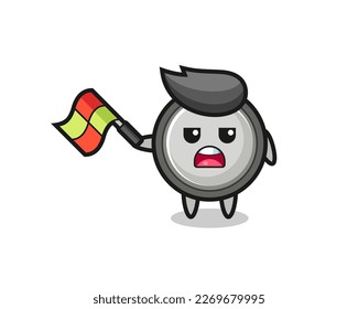 button cell cartoon as the line judge hold the flag up at a 45 degree angle , cute style design for t shirt, sticker, logo element