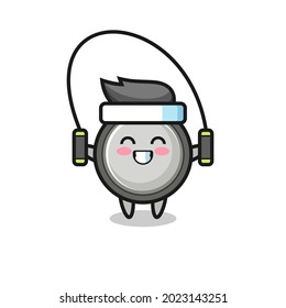 caricatura de caracteres de celda de botón con cuerda de saltar , diseño de estilo lindo para camiseta, pegatina, elemento de logotipo