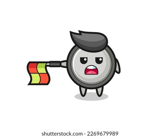 button cell character as line judge hold the flag straight horizontally , cute style design for t shirt, sticker, logo element