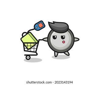 Button Cell Illustration Cartoon With A Shopping Cart , Cute Style Design For T Shirt, Sticker, Logo Element