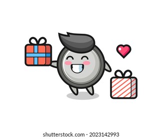 button cell mascot cartoon giving the gift , cute style design for t shirt, sticker, logo element