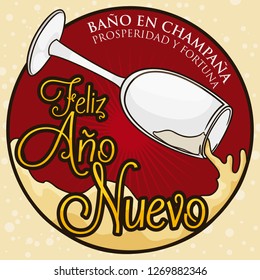 Button with champagne cup watering and bathing the round label, representing the Colombian omen of champagne bath for prosperity and fortune (written in Spanish).