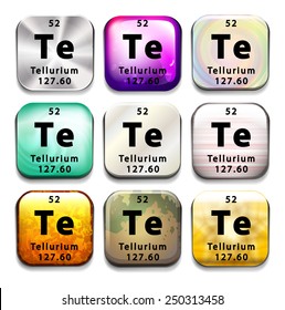 A button with the chemical element Tellurium on a white background