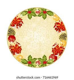 Button circle Christmas decoration snowflakes and  red bow with pine cones vintage  vector illustration editable hand draw
