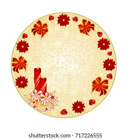 Button circle Christmas decoration snowflakes with  a candlestick  red bow and poinsettia vintage  vector illustration editable hand draw
