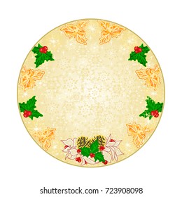 Button circle  Christmas decoration snowflakes spruce with  white poinsettia and holly and pine cones  vintage  vector illustration editable hand draw
