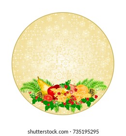 Button circle Christmas decoration snowflakes with various fruit and pine cones and gold holly  vintage  vector illustration editable hand draw