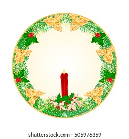 Button  circle  Christmas Spruce with  a red candlestick and poinsettia vector illustration
