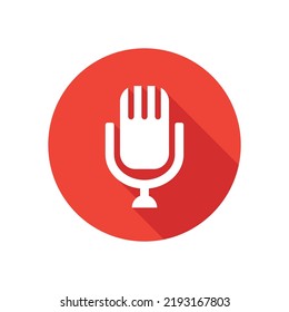 Button circle with microphone icon in red color. Vector illustration.
