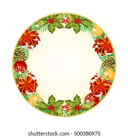 Button circular  Christmas Spruce with red ribbons and pine cones vector illustration
