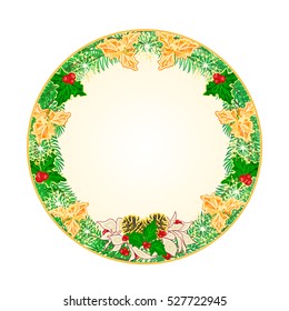 Button circular  Christmas Spruce with  white poinsettia and holly and pine cones vintage vector illustration
