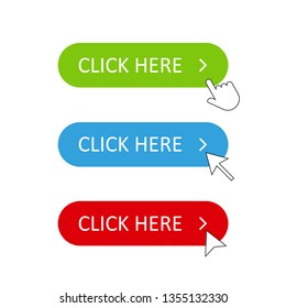 Button click here with few kinds of pointer arrow green blue red buttons. EPS 10