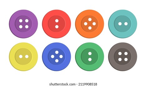 Button for cloth. Plastic buttons for sew on shirt, dress and jacket. Fashion of tailor sewing. Set of buttons with hole for thread. Round colored objects for clothes. Vector.