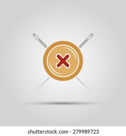 button clothes behind which two crossed needles isolated vector colored flat icon