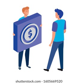 button with coin money and young men vector illustration design