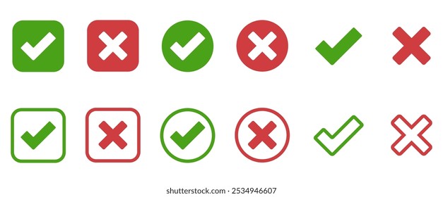 Button collection of a green checkmark, and red cross mark. Set of isolated tick symbols, checklist signs, approval badge. Flat, simple, modern yeas and no checkmark icon design. Vector illustration