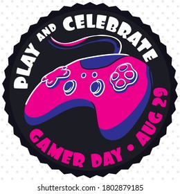 Button with colorful gamepad inside of it, inviting at you to play video games and celebrate Gamer Day in August 29.