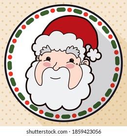 Button with cute, smiling Santa design in flat style and long shadow over dotted background.